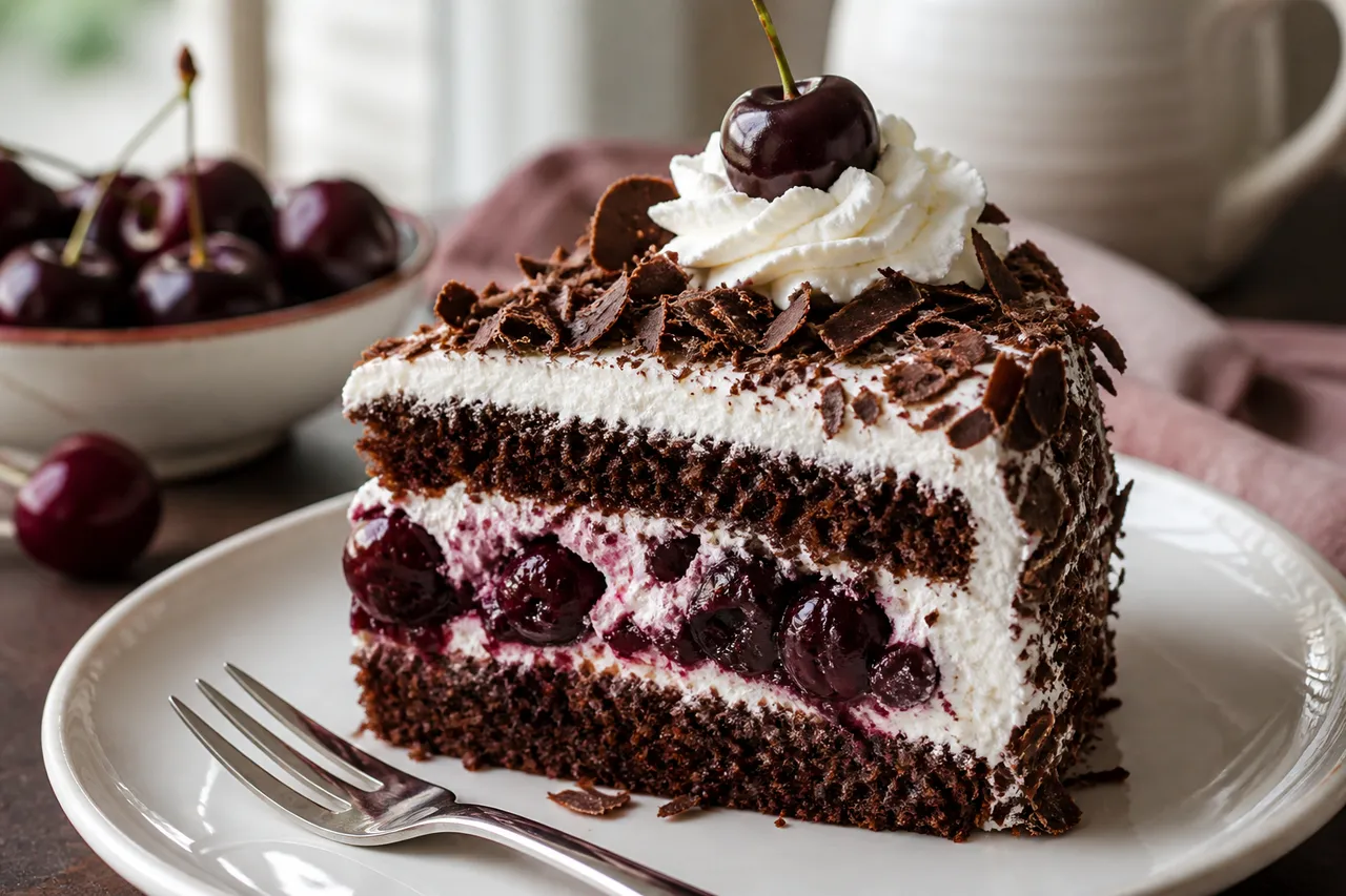 A slice of German Black Forest cake showing moist chocolate sponge, whipped cream, dark cherry filling, and chocolate curls.
