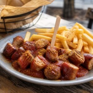 Sliced German currywurst covered in red curry sauce with golden fries on a casual plate.