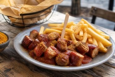 Sliced German currywurst covered in red curry sauce with golden fries on a casual plate.