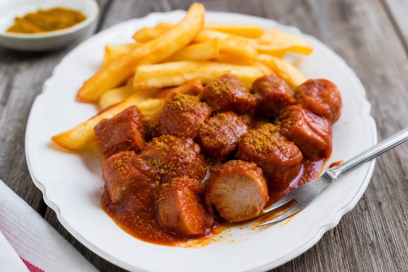 Close-up of browned sliced sausage coated in curry sauce and curry powder beside crisp fries.