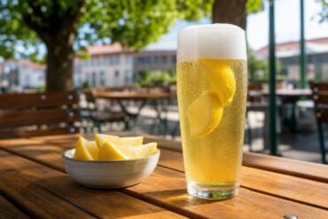 A chilled German radler made with pale lager and sparkling lemonade with lemon wedges.