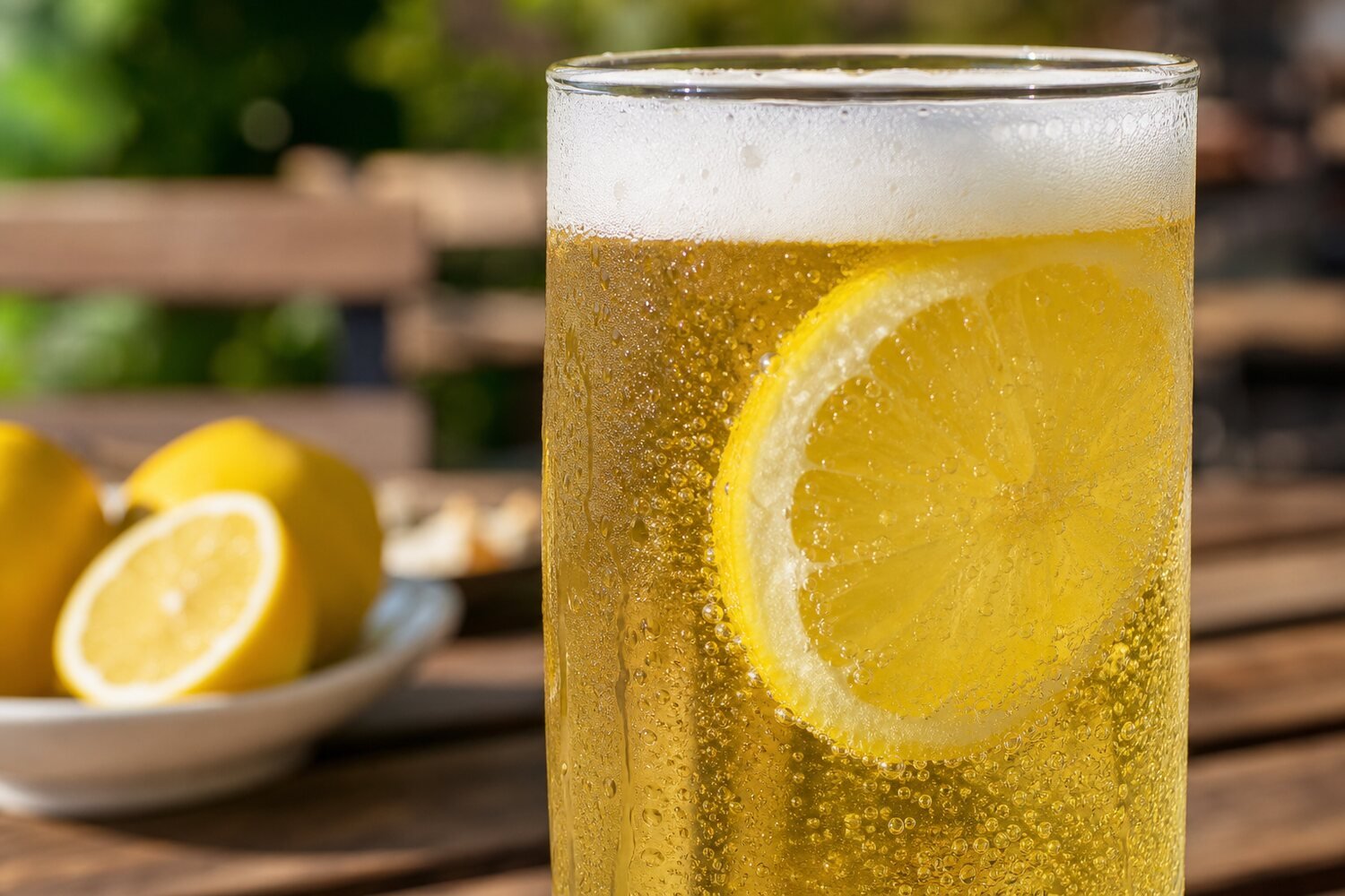 Close-up German radler with pale golden beer, bubbles, foam, lemon, and condensation.