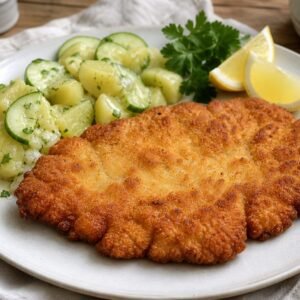 Golden German schnitzel served with lemon wedges, parsley, and potato-cucumber salad.