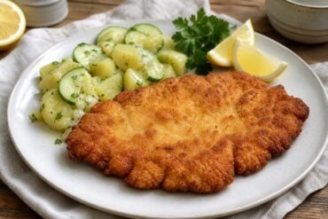 Golden German schnitzel served with lemon wedges, parsley, and potato-cucumber salad.