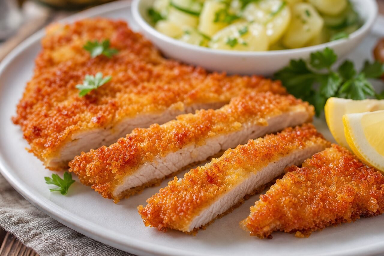 Sliced German schnitzel showing a crisp golden breadcrumb crust and tender pork inside.
