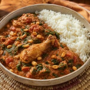 Ghanaian groundnut stew with chicken, peanut tomato sauce, spinach, peanuts, and rice.