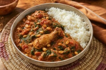 Ghanaian groundnut stew with chicken, peanut tomato sauce, spinach, peanuts, and rice.