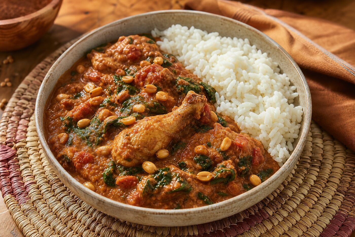 Ghanaian groundnut stew with chicken, peanut tomato sauce, spinach, peanuts, and rice.