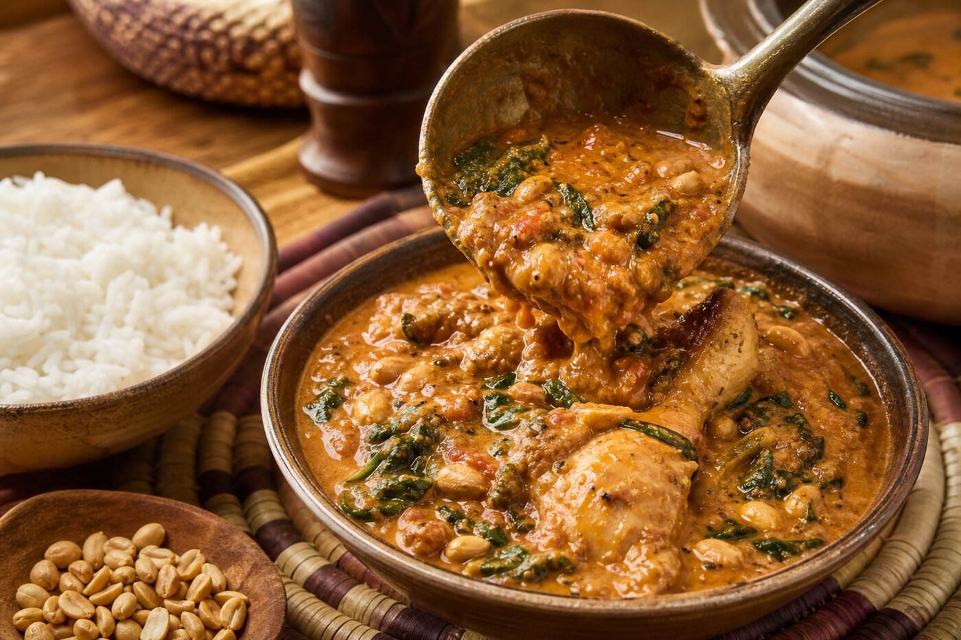 Ghanaian groundnut stew being ladled into a bowl with chicken, greens, peanuts, and rice.