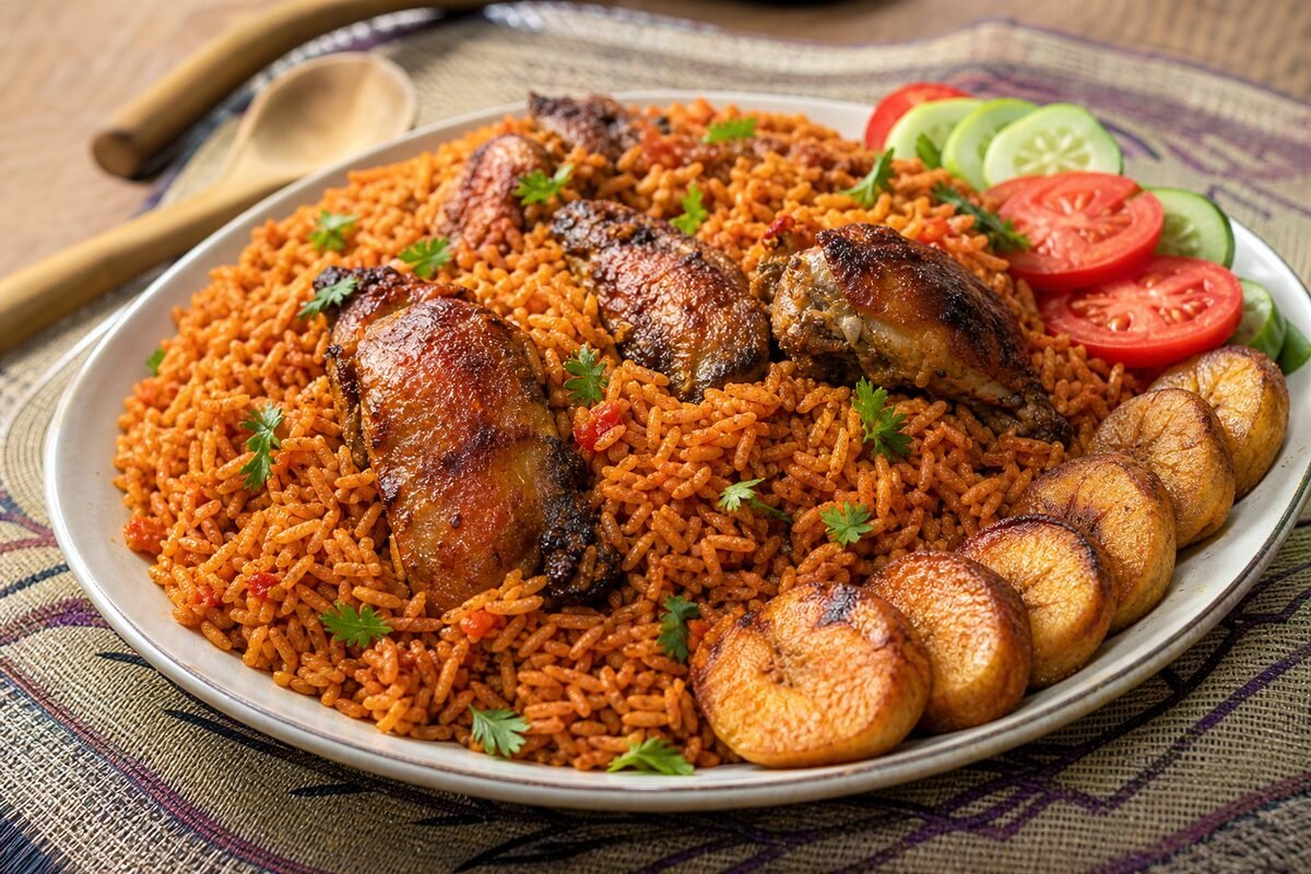 Ghanaian jollof rice with tomato-pepper rice, chicken, golden fried plantain, vegetables, and herbs.