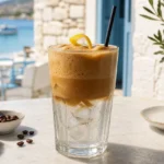 Classic Greek frappé iced coffee with thick foam, ice, straw, and lemon twist on a sunny café table.