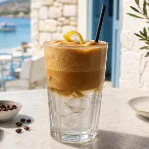 Classic Greek frappé iced coffee with thick foam, ice, straw, and lemon twist on a sunny café table.