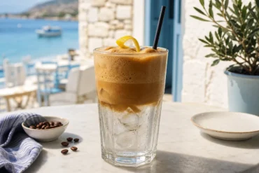 Classic Greek frappé iced coffee with thick foam, ice, straw, and lemon twist on a sunny café table.