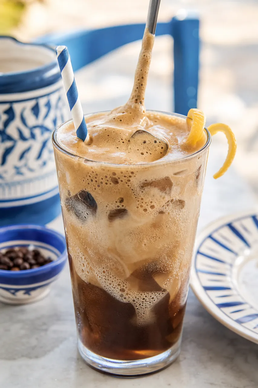 A close-up Greek frappé with thick coffee foam, ice, straw, lemon twist, and condensation in a tall glass.