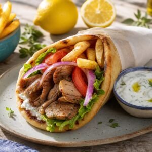 A Greek gyro pita filled with seasoned pork, tomato, onion, lettuce, fries, and tzatziki.