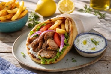 A Greek gyro pita filled with seasoned pork, tomato, onion, lettuce, fries, and tzatziki.