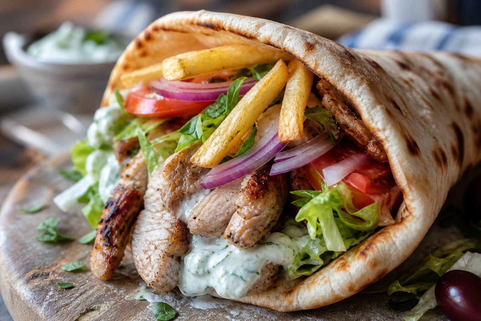 A close-up Greek gyro pita opened to show seasoned pork, vegetables, fries, and creamy tzatziki.