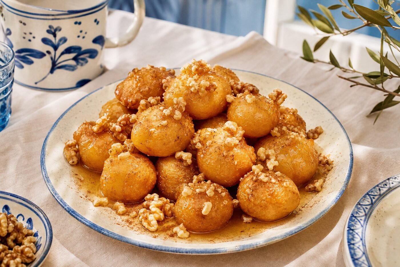 Greek loukoumades golden honey doughnuts with walnuts and cinnamon on a ceramic plate.