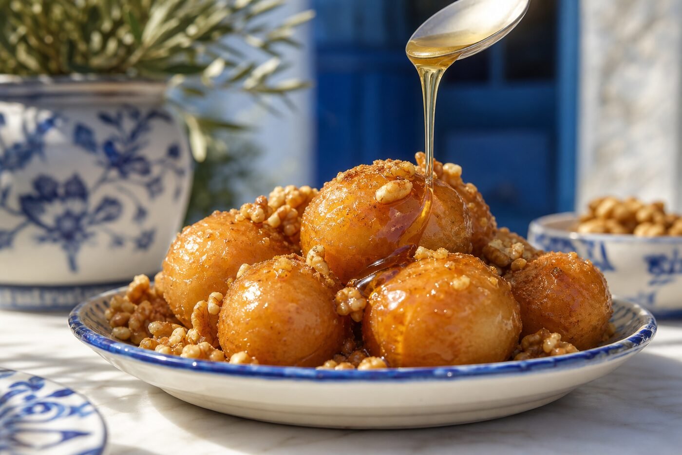 Honey being drizzled over Greek loukoumades with walnuts and cinnamon.
