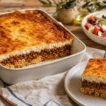 Greek pastitsio baked pasta casserole with tubular macaroni, spiced beef, tomato sauce, golden béchamel, and Greek salad.