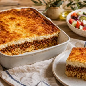 Greek pastitsio baked pasta casserole with tubular macaroni, spiced beef, tomato sauce, golden béchamel, and Greek salad.