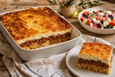 Greek pastitsio baked pasta casserole with tubular macaroni, spiced beef, tomato sauce, golden béchamel, and Greek salad.