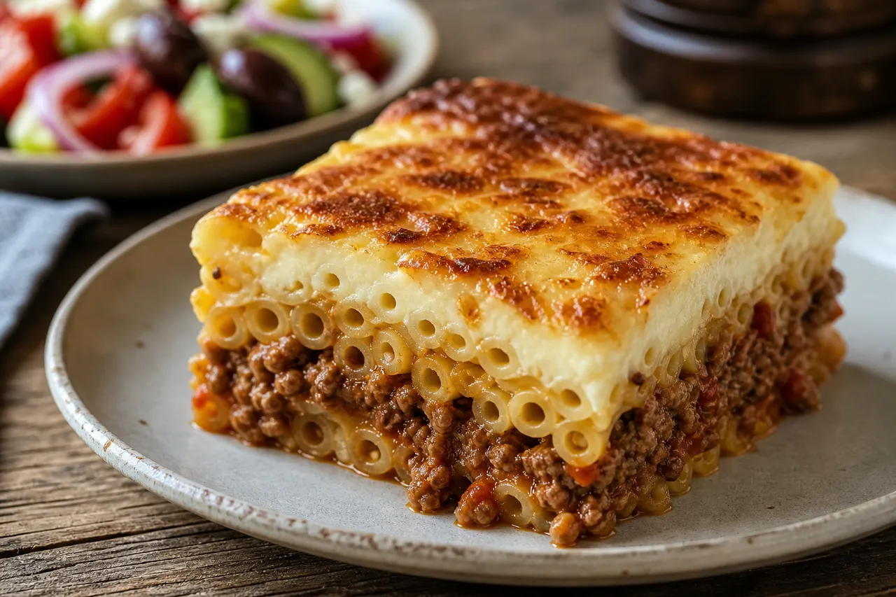 A close-up slice of Greek pastitsio showing macaroni, spiced beef sauce, and creamy browned béchamel layers.