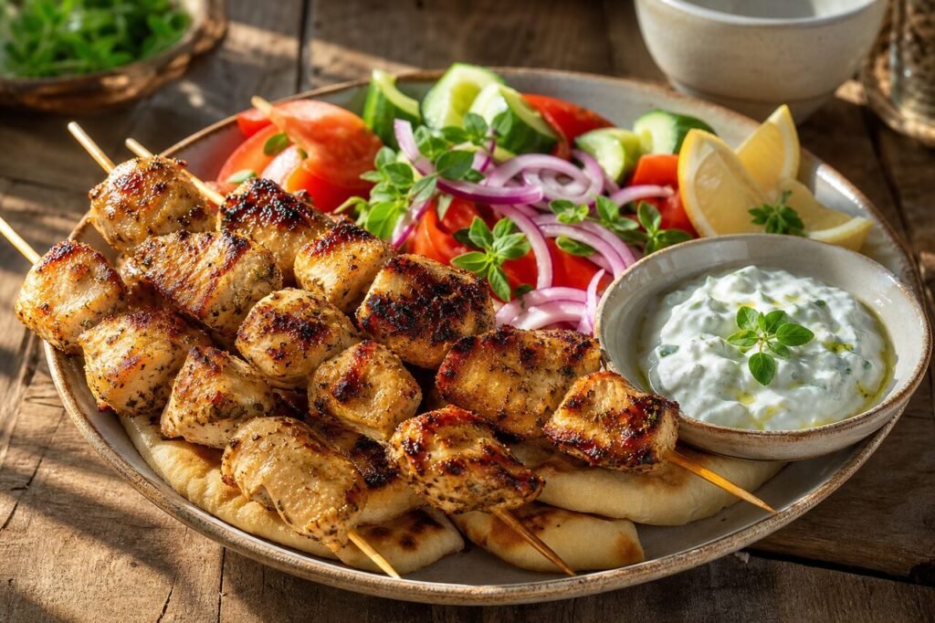 Greek chicken souvlaki with grilled chicken, warm pita, tzatziki, tomato, cucumber, red onion, lemon, and oregano.
