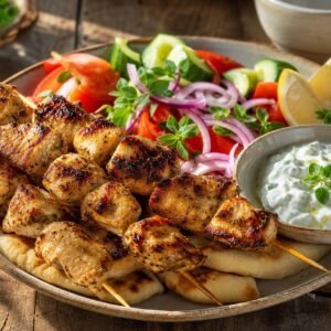Greek chicken souvlaki with grilled chicken, warm pita, tzatziki, tomato, cucumber, red onion, lemon, and oregano.
