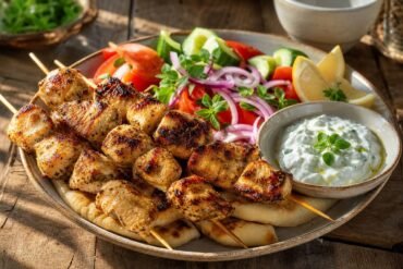 Greek chicken souvlaki with grilled chicken, warm pita, tzatziki, tomato, cucumber, red onion, lemon, and oregano.
