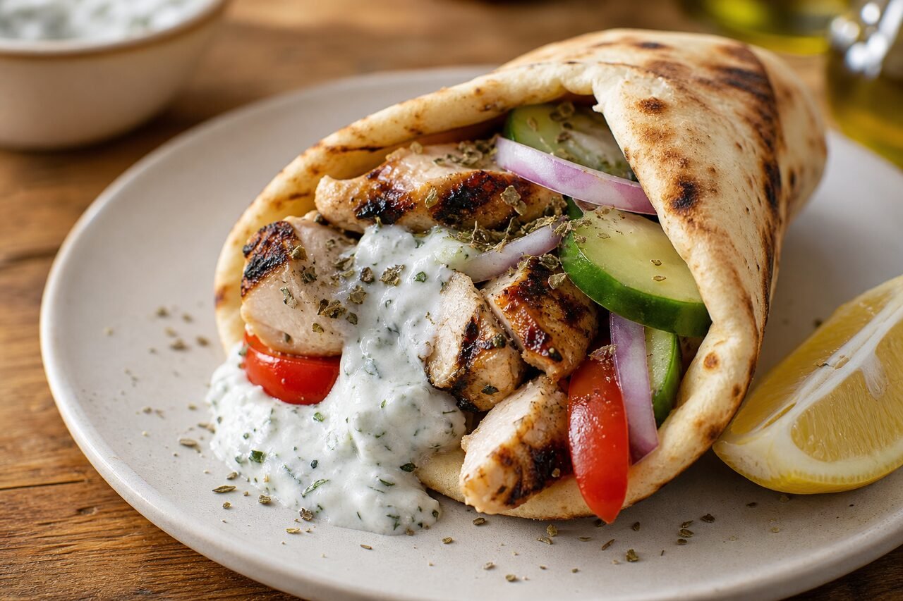 A Greek chicken souvlaki pita filled with grilled chicken, tzatziki, tomato, cucumber, and red onion.