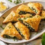 Golden Greek spanakopita triangles filled with spinach, feta, dill, and scallions.
