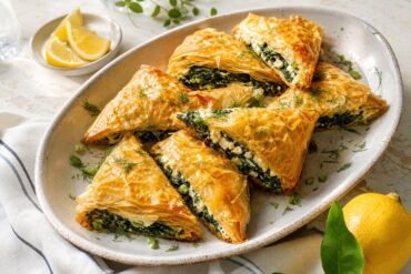 Golden Greek spanakopita triangles filled with spinach, feta, dill, and scallions.