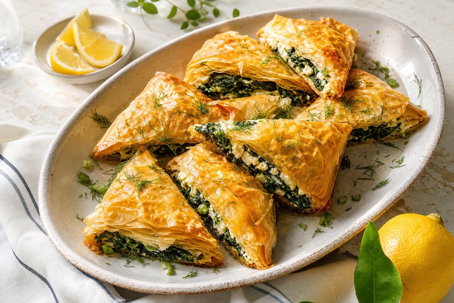 Golden Greek spanakopita triangles filled with spinach, feta, dill, and scallions.