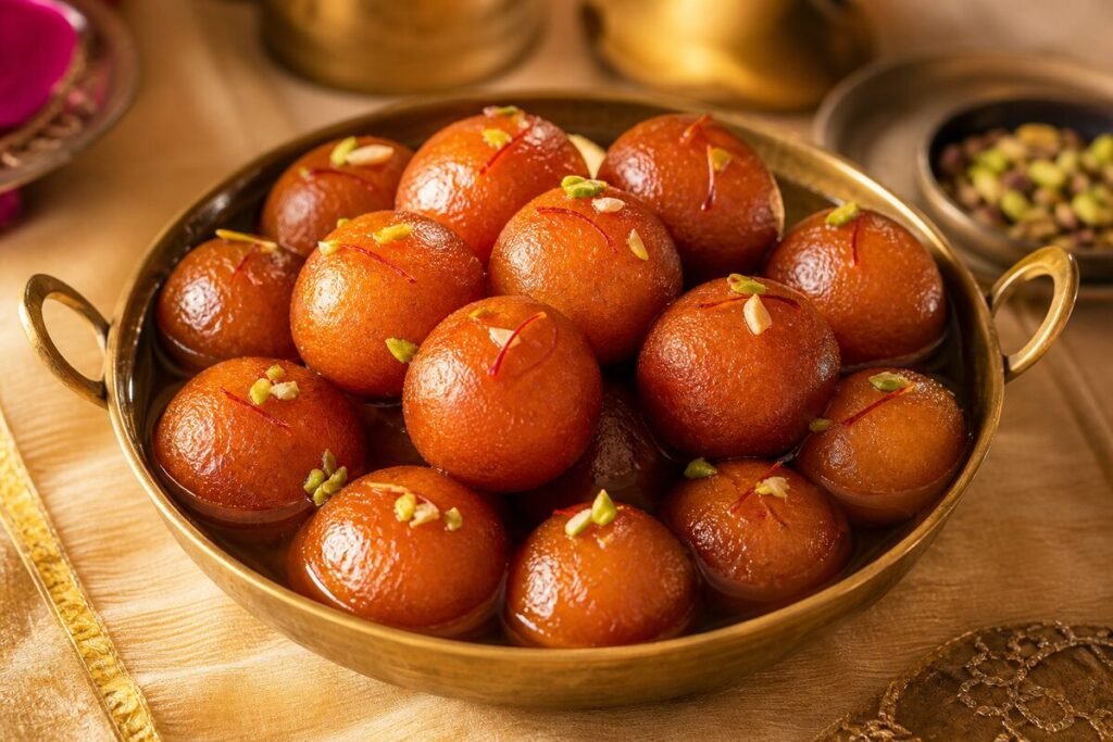 Golden-brown gulab jamun soaked in saffron-cardamom syrup and garnished with pistachios in a brass bowl.