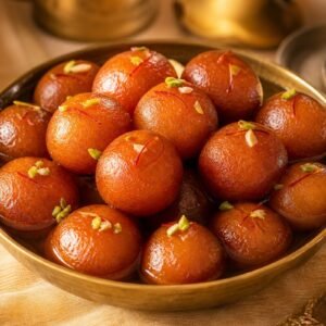 Golden-brown gulab jamun soaked in saffron-cardamom syrup and garnished with pistachios in a brass bowl.