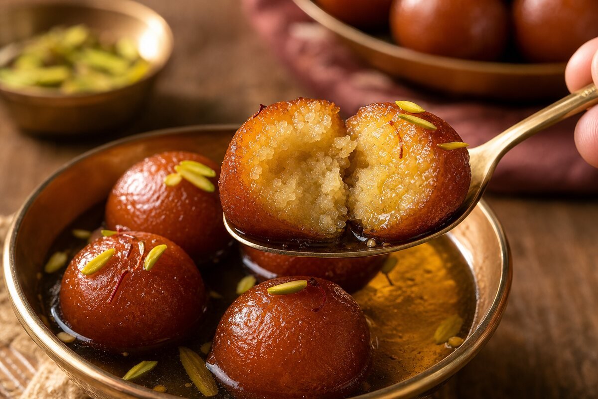A spoon lifts an opened syrup-soaked gulab jamun, showing its tender porous center.