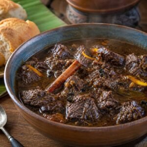 A bowl of glossy Guyanese pepperpot beef stew with bread on an earthy wooden table.