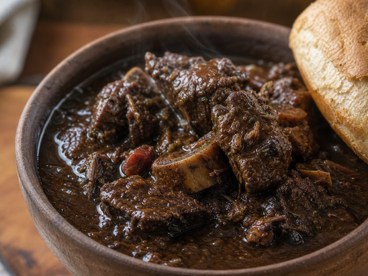 A close-up serving of Guyanese pepperpot with tender beef, glossy dark sauce, bread, and gentle steam.