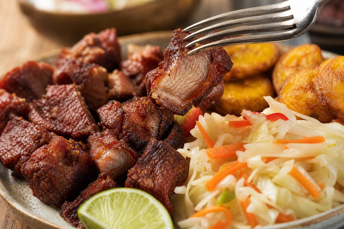 Close serving of Haitian griot showing crisp pork, pikliz, fried plantain, and lime.