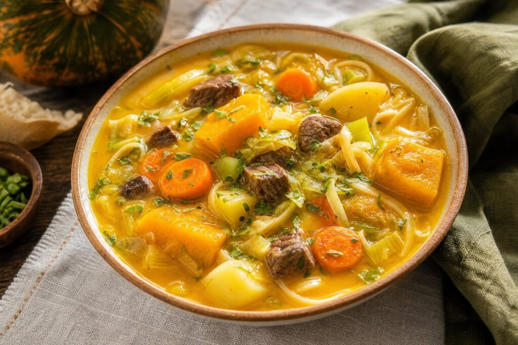 A bowl of Haitian soup joumou with pumpkin broth, beef, cabbage, carrots, potatoes, pasta, and herbs.