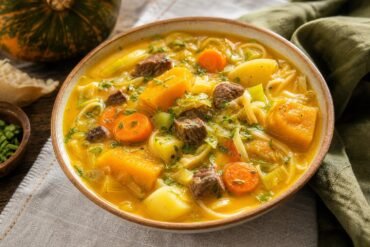 A bowl of Haitian soup joumou with pumpkin broth, beef, cabbage, carrots, potatoes, pasta, and herbs.