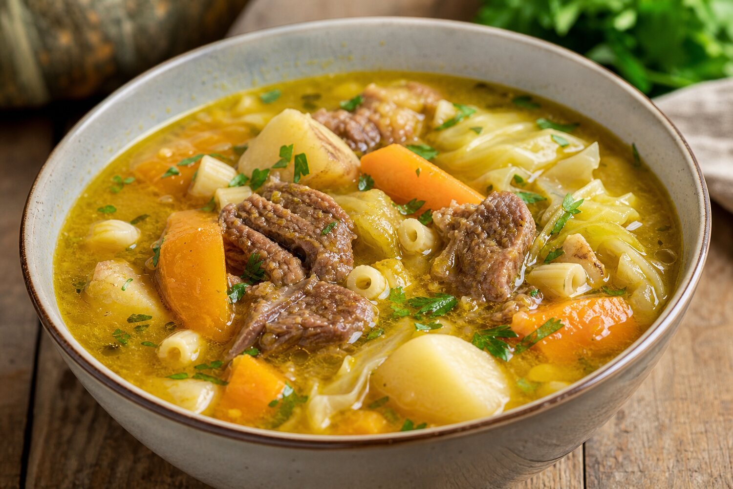 Close-up Haitian soup joumou with golden pumpkin broth, beef, cabbage, carrots, potatoes, and pasta.