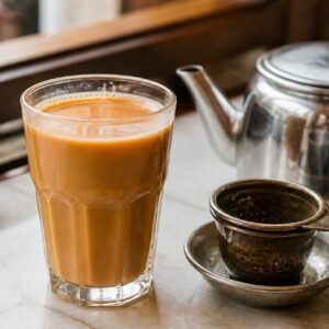 Hong Kong-style milk tea with smooth amber black tea, evaporated milk, and a traditional metal tea strainer.