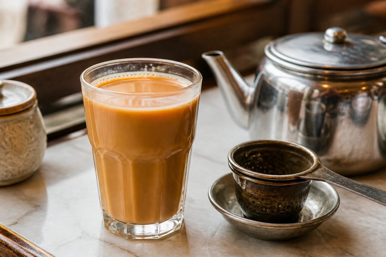Hong Kong-style milk tea with smooth amber black tea, evaporated milk, and a traditional metal tea strainer.