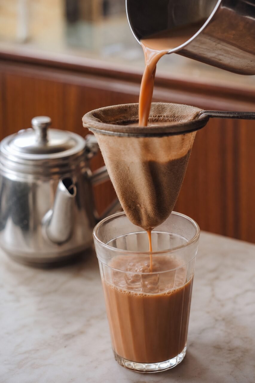 Hong Kong-style milk tea being strained into a clear glass beside a metal teapot.