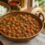 Indian chana masala chickpea curry with tomato gravy, cilantro, rice, and naan.