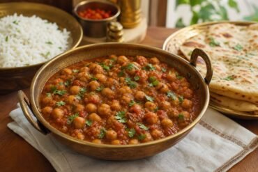 Indian chana masala chickpea curry with tomato gravy, cilantro, rice, and naan.