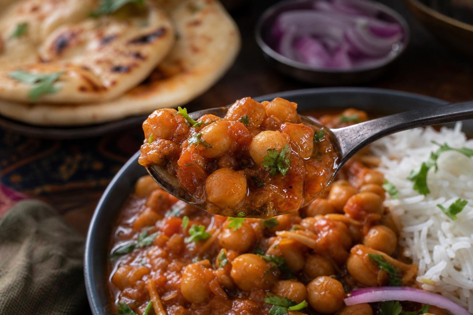 A spoonful of Indian chana masala with tender chickpeas, tomato gravy, cilantro, rice, and naan.