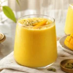 A creamy golden Indian Mango Lassi in a glass with mango slices and cardamom.